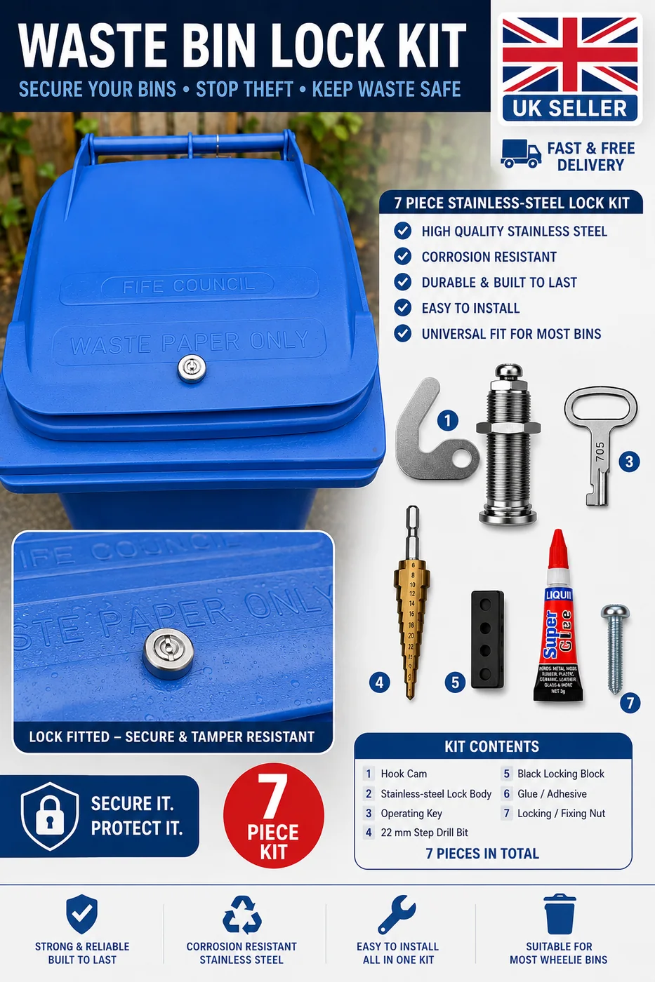 Wheelie bin lock kit including padlock, chain, keys, bracket and fixings